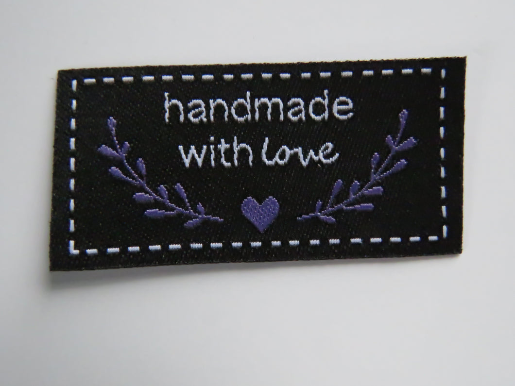 10 Black Handmade with Love in white font labels with heart and branches in purple 50mm wide x 25mm high