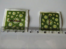 Load image into Gallery viewer, 50 Green Handmade with white folower print Woven Hand Made labels 34mm wide x 34mm high approx.
