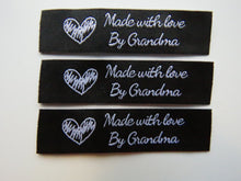 Load image into Gallery viewer, 10 Black with White Font Made with Love by Grandma 60mm x 15mm woven sewing labels
