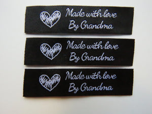 10 Black with White Font Made with Love by Grandma 60mm x 15mm woven sewing labels
