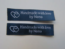 Load image into Gallery viewer, 10 Navy Blue with White Font Handmade with Love by Nana White woven labels 60 x 15mm