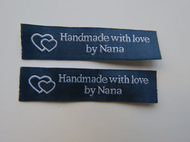 25 Navy Blue with White Font Handmade with Love by Nana White woven labels 60 x 15mm