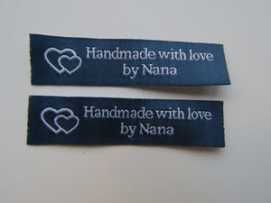 10 Navy Blue with White Font Handmade with Love by Nana White woven labels 60 x 15mm