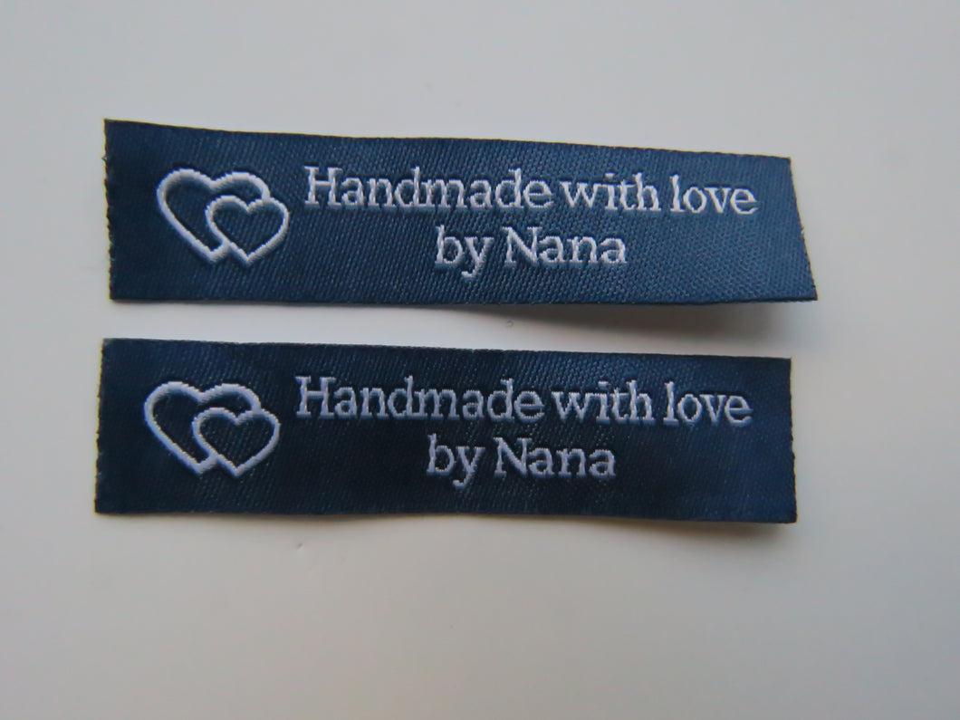 25 Navy Blue with White Font Handmade with Love by Nana White woven labels 60 x 15mm