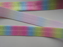 Load image into Gallery viewer, 10m Pink Yellow blue varegated pastel printed Fold Over Elastic FOE Foldover 15mm