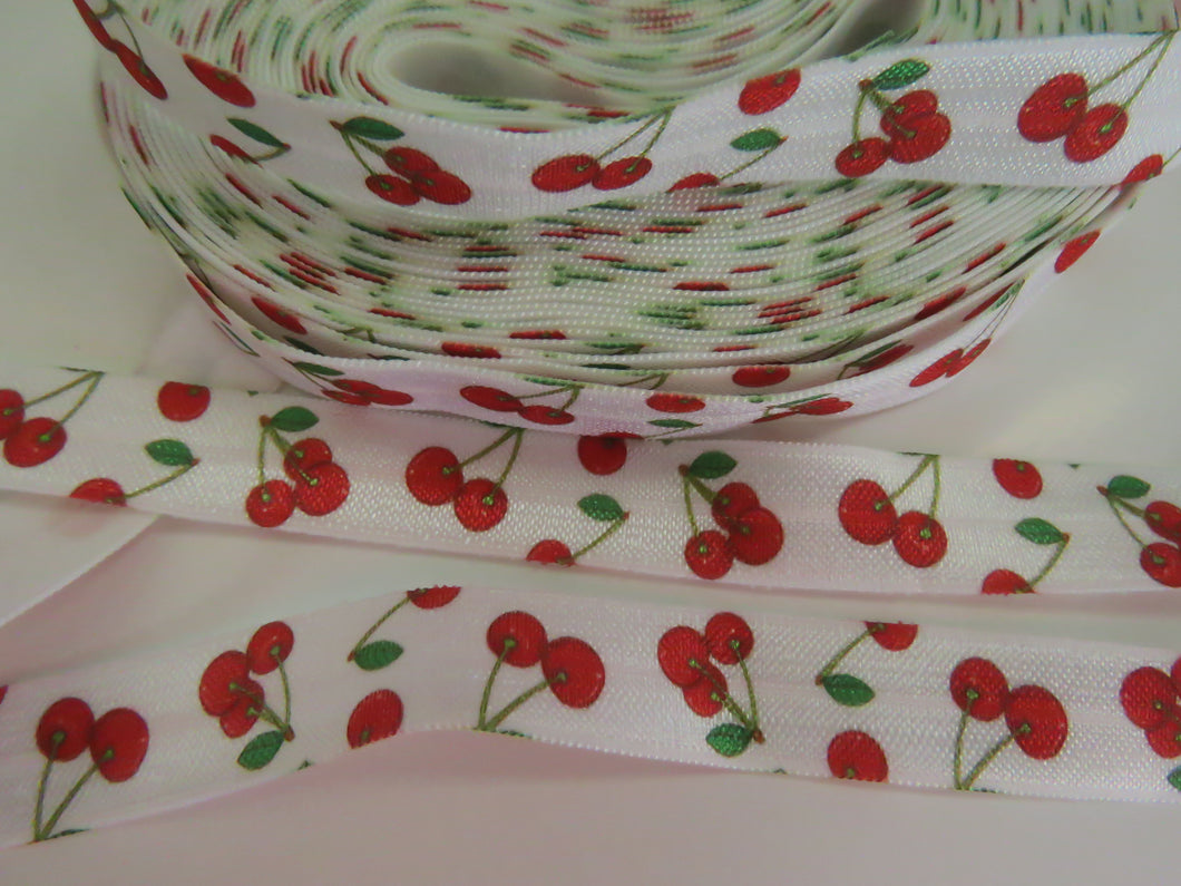 5m Red Cherry print on white Fold over Elastic FOE Fold over elastic 15mm wide