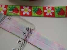 Load image into Gallery viewer, 4.7m Strawberry and Daisy Red and Green Squares print Fold over Foldover FOE elastic 15mm