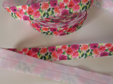 Load image into Gallery viewer, 2m Crimson and Pink roses with green leaves printed Fold Over Elastic FOE Foldover elastic 15mm