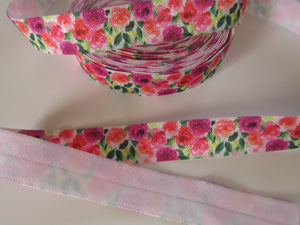 2m Crimson and Pink roses with green leaves printed Fold Over Elastic FOE Foldover elastic 15mm