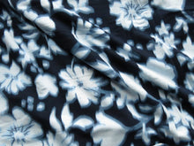 Load image into Gallery viewer, 1.5m Navy blue and pale blue floral print viscose stretch knit fabric 150cm