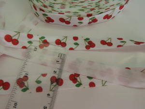 1m Red Cherry print on white Fold over Elastic FOE Fold over elastic 15mm wide