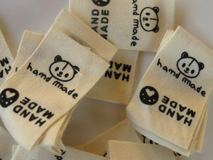 10 Cotton Labels with Bear Print Handmade and/or Bear Paw Handmade labels 25mm wide x 20mm when folded