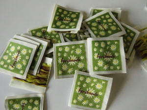 50 Green Handmade with white folower print Woven Hand Made labels 34mm wide x 34mm high approx.