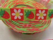 Load image into Gallery viewer, 4.7m Strawberry and Daisy Red and Green Squares print Fold over Foldover FOE elastic 15mm