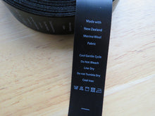 Load image into Gallery viewer, 10 Black Satin washing instructions and 10 White Made with New Zealand Merino wool labels
