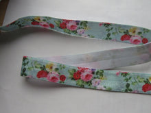 Load image into Gallery viewer, 1.8m Pale Green with Pink Red cream Roses 15mm wide fold over elastic FOE Foldover