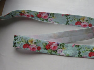 1.8m Pale Green with Pink Red cream Roses 15mm wide fold over elastic FOE Foldover