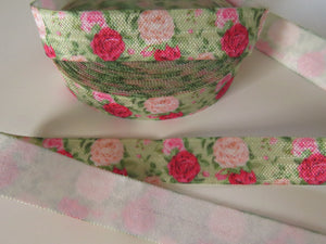 2m Pink roses print on green Fold Over Elastic FOE Foldover 15mm