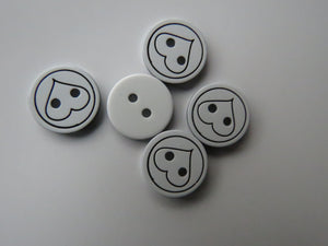 14 Single black Heart on white buttons -resin 12.5mm buttons