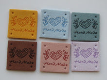 Load image into Gallery viewer, 25 Mixed Colour Heart with wool wrapped around Hand made PU leather labels. 25 x 25mm