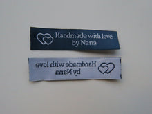 Load image into Gallery viewer, 10 Navy Blue with White Font Handmade with Love by Nana White woven labels 60 x 15mm