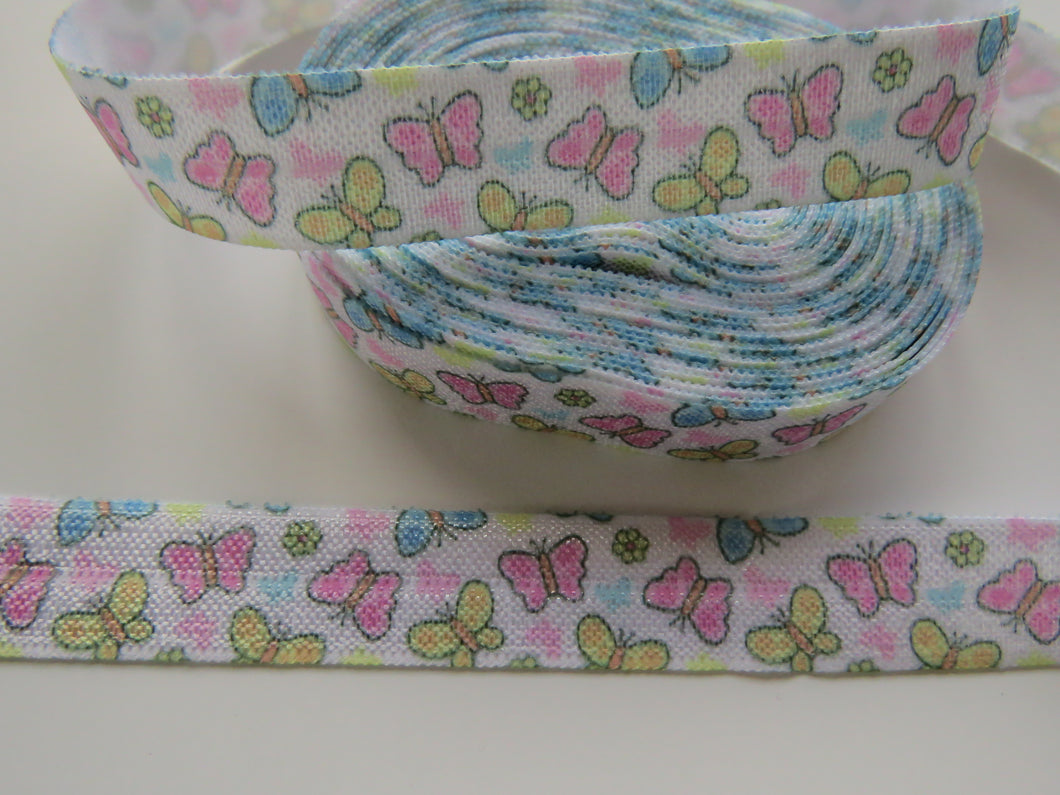 4.7m Yellow Blue and Pink Butterfly print Fold over Foldover FOE elastic 15mm