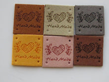 Load image into Gallery viewer, 25 Mixed Colour Heart with wool wrapped around Hand made PU leather labels. 25 x 25mm