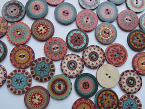 50 Retro Vintage Middle Eastern Print Buttons 25mm diameter- 2 holes -random mix of prints