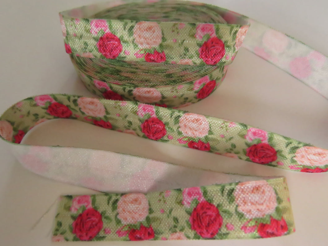 2m Pink roses print on green Fold Over Elastic FOE Foldover 15mm