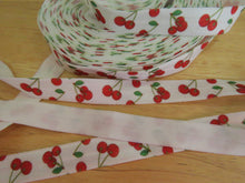 Load image into Gallery viewer, 1m Red Cherry print on white Fold over Elastic FOE Fold over elastic 15mm wide