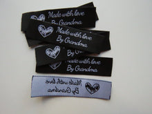 Load image into Gallery viewer, 10 Black with White Font Made with Love by Grandma 60mm x 15mm woven sewing labels