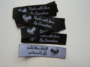 10 Black with White Font Made with Love by Grandma 60mm x 15mm woven sewing labels