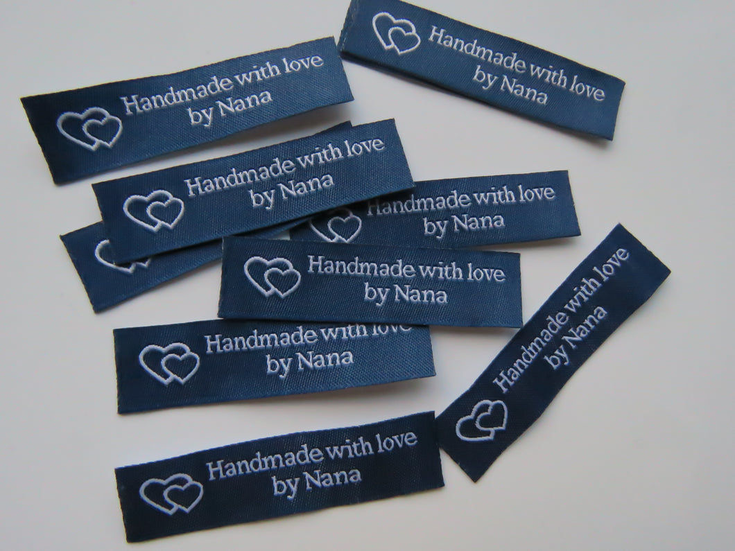 10 Navy Blue with White Font Handmade with Love by Nana White woven labels 60 x 15mm