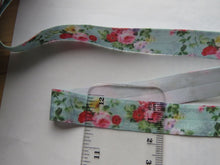 Load image into Gallery viewer, 1.8m Pale Green with Pink Red cream Roses 15mm wide fold over elastic FOE Foldover