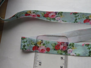 1.8m Pale Green with Pink Red cream Roses 15mm wide fold over elastic FOE Foldover