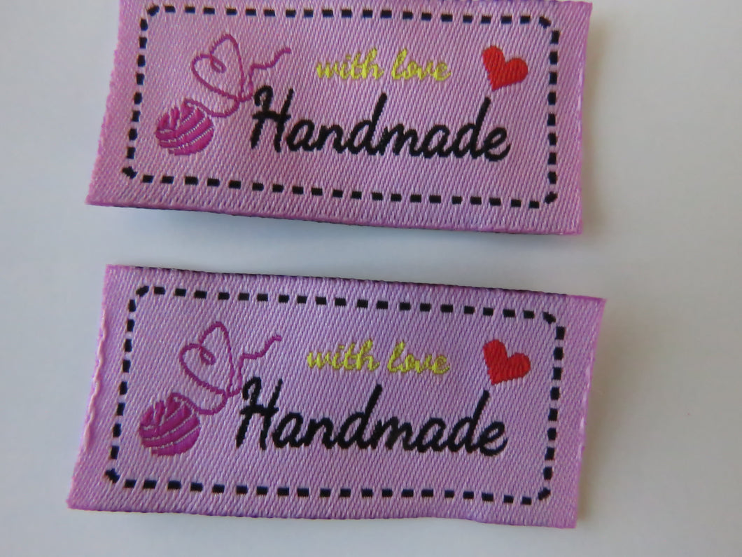 10 Pink  Heart made from end of the Ball of wool Handmade with Love labels 50x 25mm