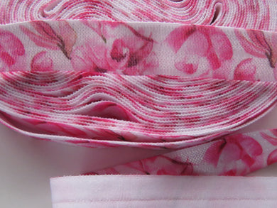 5m Pink Magnolia flower Print on white  fold over elastic 15mm foldover foe