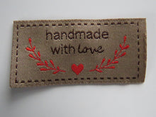 Load image into Gallery viewer, 10 Bronze Handmade with Love in labels with heart and branches in red 50mm wide x 25mm high