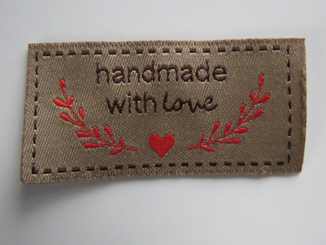 10 Bronze Handmade with Love in labels with heart and branches in red 50mm wide x 25mm high