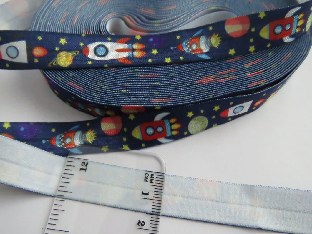 1.8m Rocket Ship and Stars navy 15mm fold over elastic foldover FOE