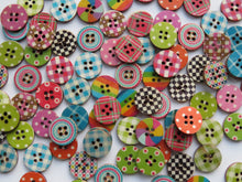 Load image into Gallery viewer, 50 Mixed Print Spots and Checks 15mm buttons 2 holes