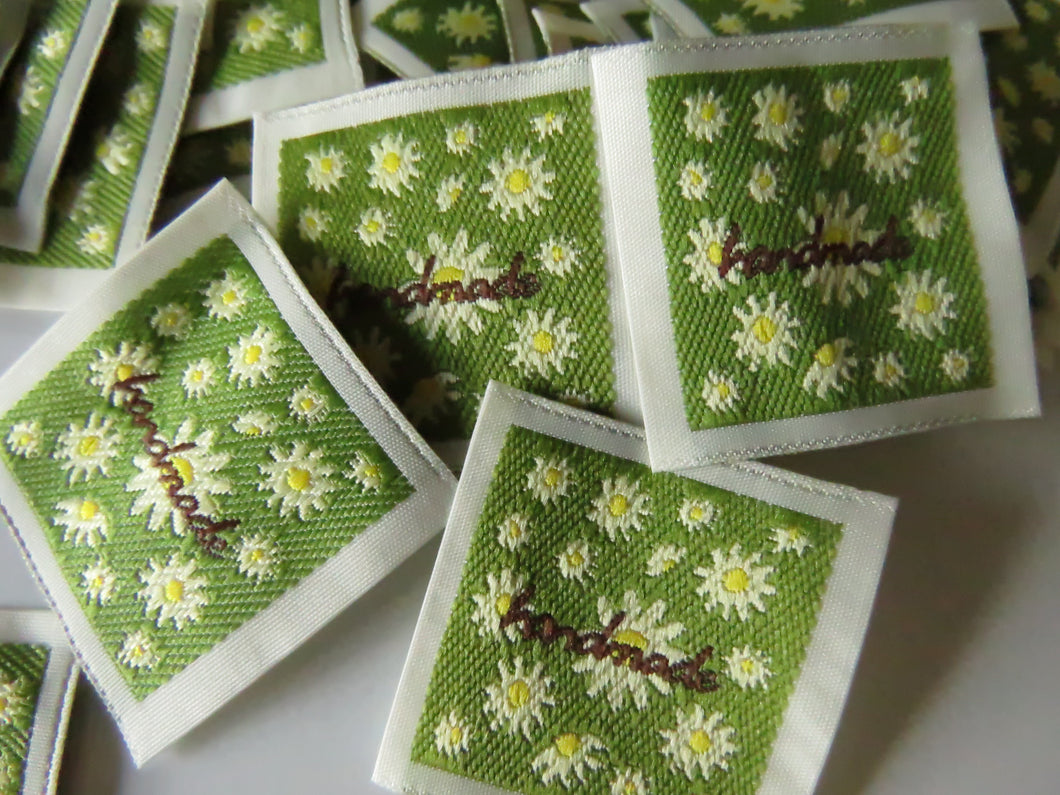 25 Green Handmade with white folower print Woven Hand Made labels 34mm wide x 34mm high approx.