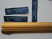 Load image into Gallery viewer, 10 Navy Blue with White Font Handmade with Love by Nana White woven labels 60 x 15mm