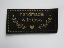 Load image into Gallery viewer, 25 Black Handmade with Love labels with heart and branches in gold font 50mm wide x 25mm high