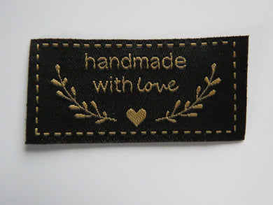 10 Black Handmade with Love labels with heart and branches in gold font 50mm wide x 25mm high