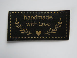 25 Black Handmade with Love labels with heart and branches in gold font 50mm wide x 25mm high