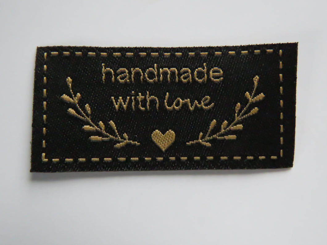 10 Black Handmade with Love labels with heart and branches in gold font 50mm wide x 25mm high