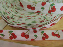Load image into Gallery viewer, 1m Red Cherry print on white Fold over Elastic FOE Fold over elastic 15mm wide