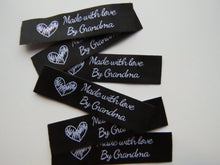 Load image into Gallery viewer, 10 Black with White Font Made with Love by Grandma 60mm x 15mm woven sewing labels