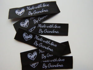 10 Black with White Font Made with Love by Grandma 60mm x 15mm woven sewing labels